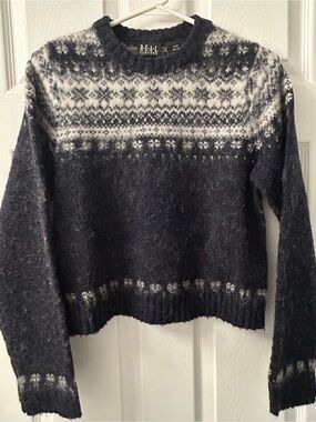 REAL Clothes 100% Wool Nordic Fair Isle Sweater Black White Cropped Pullover M